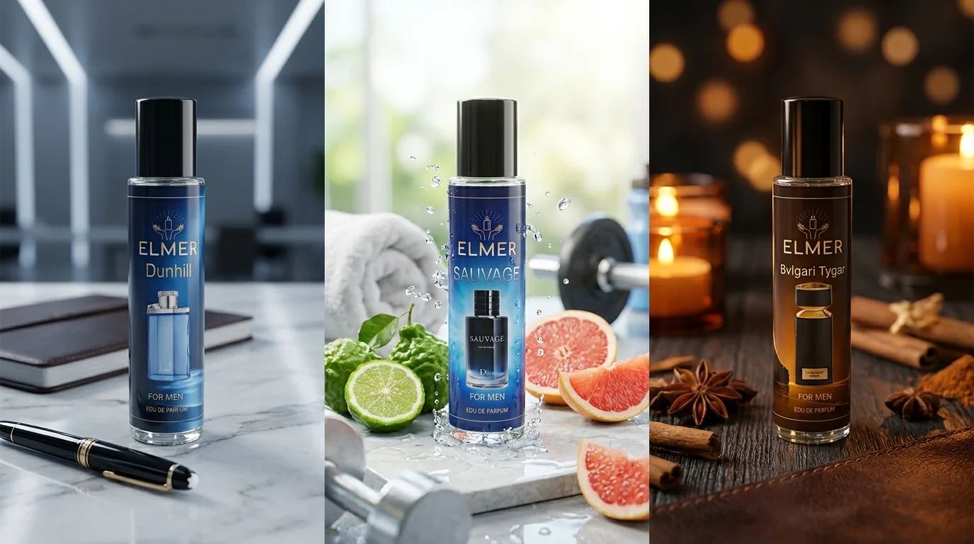 بهترین عطر مردانه بر اساس موقعیت: دانهیل دیزایر بلو برای اداره، ساواج برای ورزش و روز، بولگاری من تایگر برای شب؛ نسخهٔ ۲۲ میلیلیتری ELMER